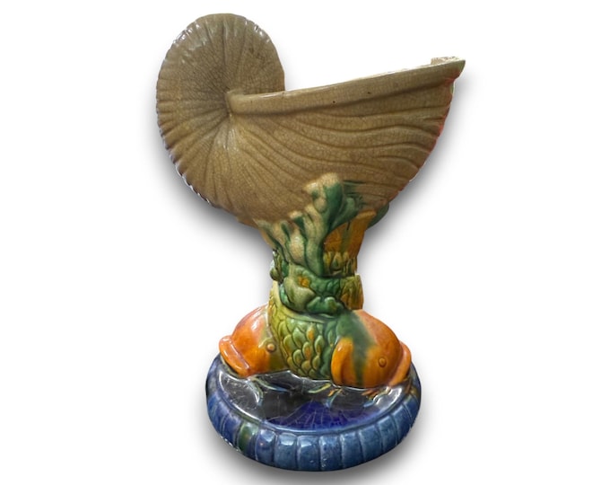 Elevated Centerpiece Compote Vase Planter Majolica Minton Style Shell Nautilus Koi Fish Hand Painted | Vintage Unique Decor Home Accents