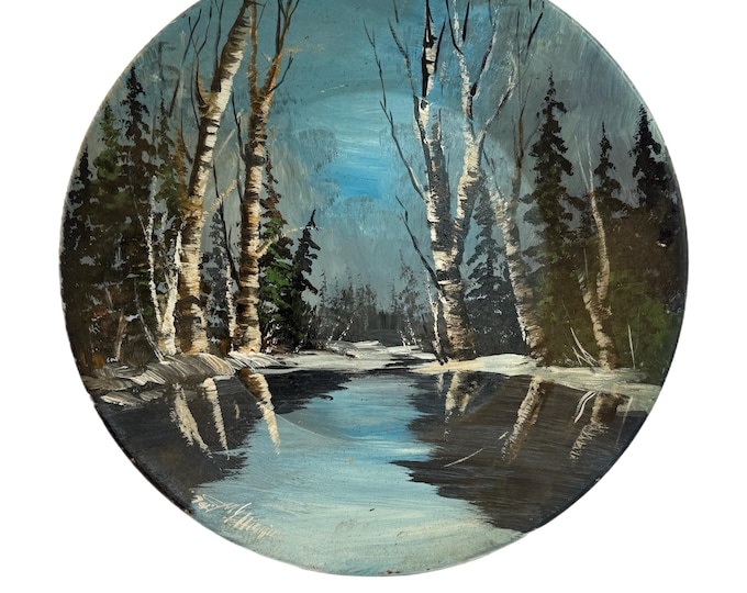 Travel Souvenir Mining Panning Bowl | Hand Painted Metal | River Trees Fairbanks Alaska | Weld Souvenir | Higgins Original Art Shack Gallery