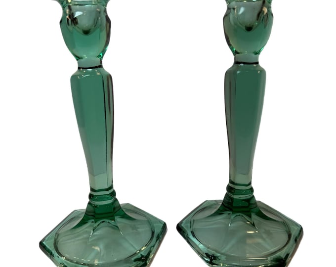 Fenton 9071 LE Sea Mist Green | Colonial Candle Holders Candlesticks |  Vintage Fenton Art Glass Paneled  | Pair Set 2 | Mantle Table Decor