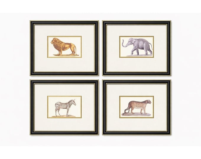 African Animal Safari Set 4 Prints Gallery Wall Decor Black and Gold Frames Office Bathroom Bedroom Decorative Elephant Zebra Lion Cheetah