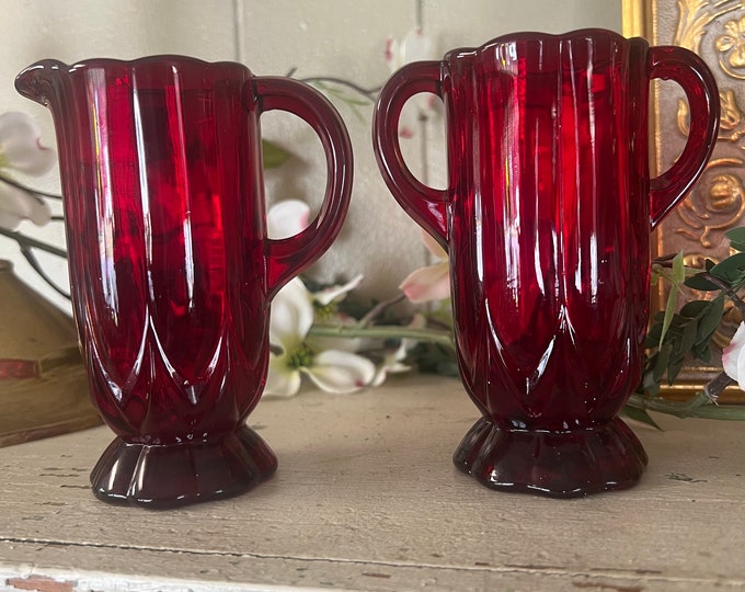 Vintage Martinsville Janice Ruby  Red Glass Creamer and Sugar Dish Pitcher Set