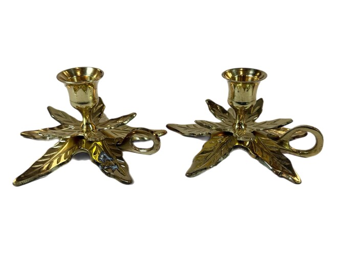 Solid Brass Taper Candle Holders | Poinsettia Leaf Ring Handles | Set 2 Pair | Vintage Christmas Decor Tablescape | Holiday Entertaining