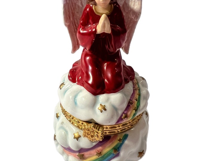 Vintage | Porcelain | Trinket Box | Hinge Lid | Angel Praying Rainbow Clouds