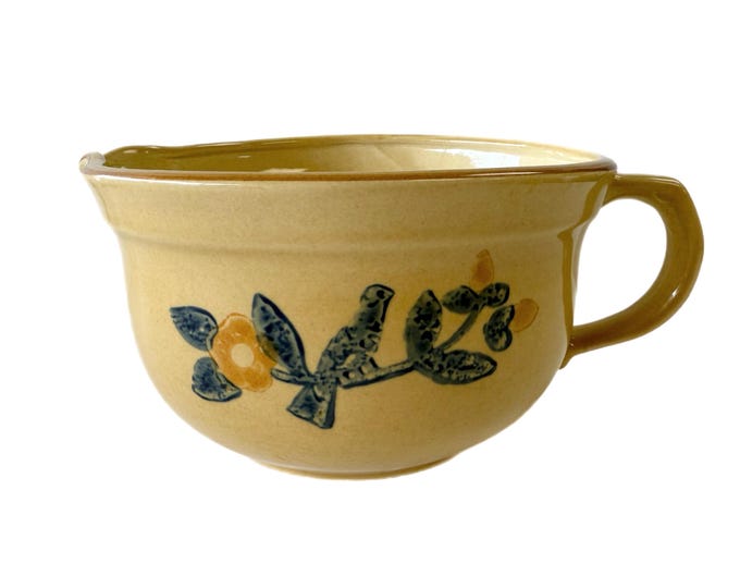 Vintage | Pfaltzgraff America Stoneware | 2.5 Qt Handled Pour Spout Batter Mixing Bowl | Brown Cream Birds Handpainted | Granny Cottage Core