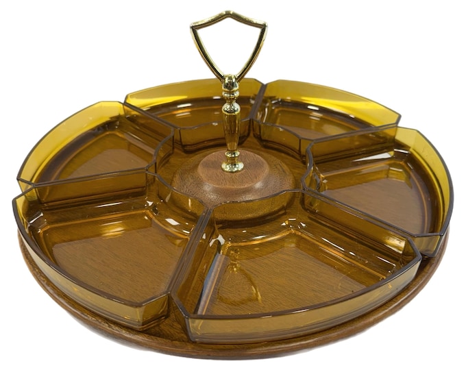 Thermo-Serv  Westwood | Lazy Susan tidbit tray | Amber Lucite Hostess serving | Wood fixed base | Gold Handle | Mid century retro vintage