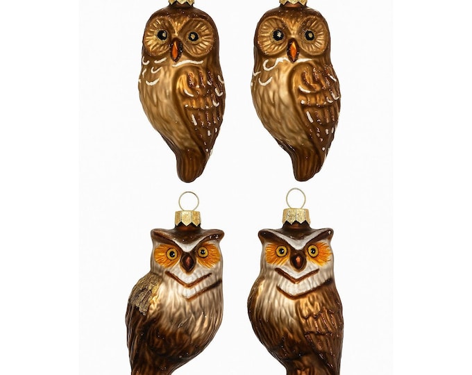 Owl Christmas Tree Ornaments Set 4 Hand Blown Glass Woodland Creature Holiday Seasonal Decor Hand Painted Brown Vintage