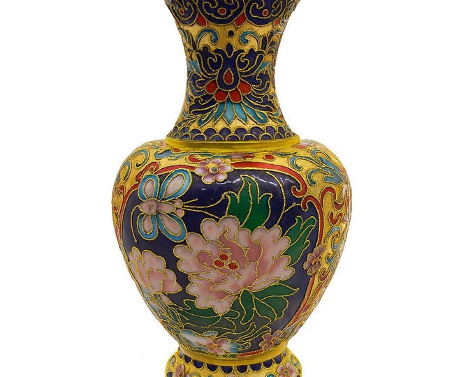 Cloisonné Flower Vase | Raised Wire Champlevé Enamel Brass Gold  Asian Chinese | Vintage Chinoiserie Home Shelf Decor Decorative Accents