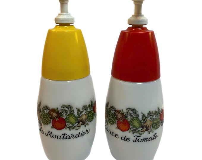 Spice of Life Gemco Corning Ware | Milk Glass Ketchup and Mustard Dispenser Bottles Pumps | Sauce de Tomate & Le Moutardier | Retro Kitchen