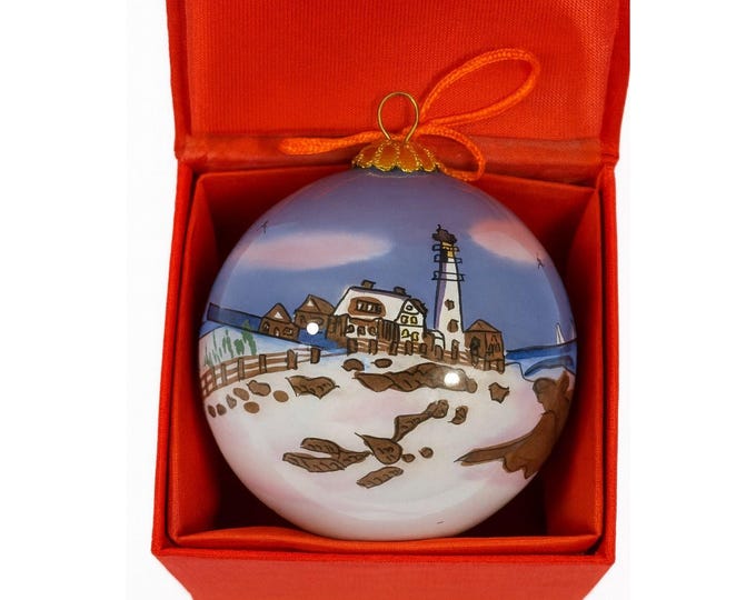 Glass Hand Painted Ornament Ball  Lighthouse with Keepsake Box | Vintage Christmas Tree Holiday Decor Handpainted Coastal Beach Seaside