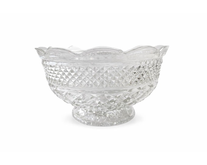 Bowl Fruit Salad Compote Pedestal Footed Centerpiece Anchor Hocking Wexford Vintage Pressed Glass Diamond Point Glassware Scalloped Edge