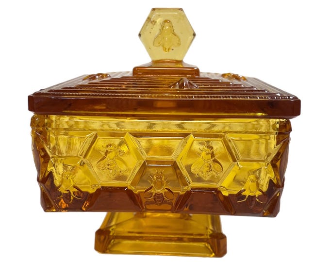 Vintage | Collectible Glass | Fenton Honeycomb Bees | Footed Square | Vanity Powder Holder | Candy Dish Amber