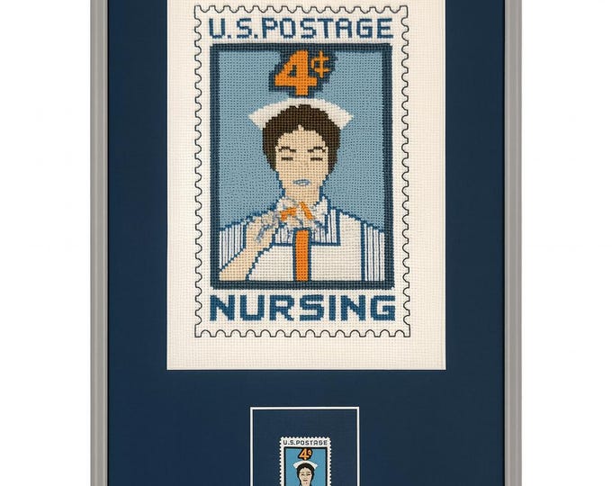 Nurse Stamp Cross Stitch Postage Stamp | Florence Nightingale Creed | Wall Decor Framed | Metal Frame | Gifts for Nurses | Home Decor