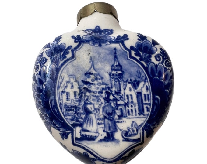 Holland Delft Blue | Winter Scene Flowers | Hand Painted Christmas Ornament Porcelain | Heart Shape