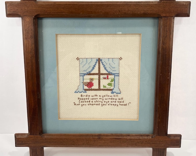 Vintage | Cross Stitch | Bird | Handmade Walnut Frame | Birdie | Sleepy Head | Matted Framed | Primitive | Window