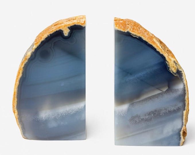 Agate Bookends | Natural Blue Brazilian with Drusy Vug Cut Base Geode Quartz Rock Formation Stone | Book Ends Office Shelf Decor Decorative