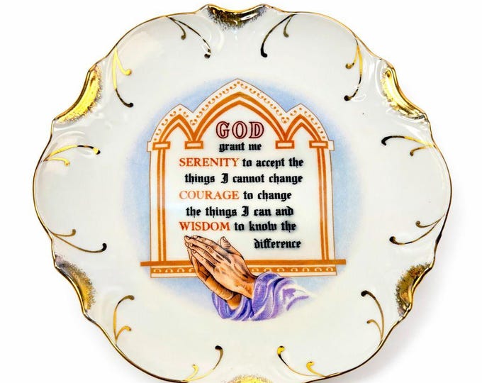 Serenity Prayer Plate Porcelain Ceramic Made Japan Mid State Gallery Wall Decor Jesus Christianity Religious Granny Core Praying Hands Gold