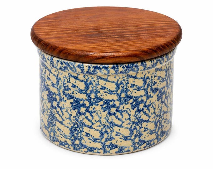 Pottery Crock Low 2 Quart Robinson Ransbottom Blue Spongeware Wood Lid Vintage Hand Painted Kitchenware Farmhouse Primitive Country Granny