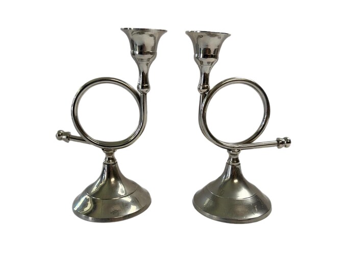 Silver Horn Taper Candle Holder | Set Pair 2 Horn Shaped Candlestick | Musical Instrument | Christmas Decor | Decorative Accents Tableware
