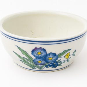 Puede incluir: Un cuenco de cerámica blanco con un diseño floral azul. El cuenco tiene una franja azul alrededor del borde y presenta flores azules con centros amarillos y hojas verdes. Un artículo de cocina decorativo.