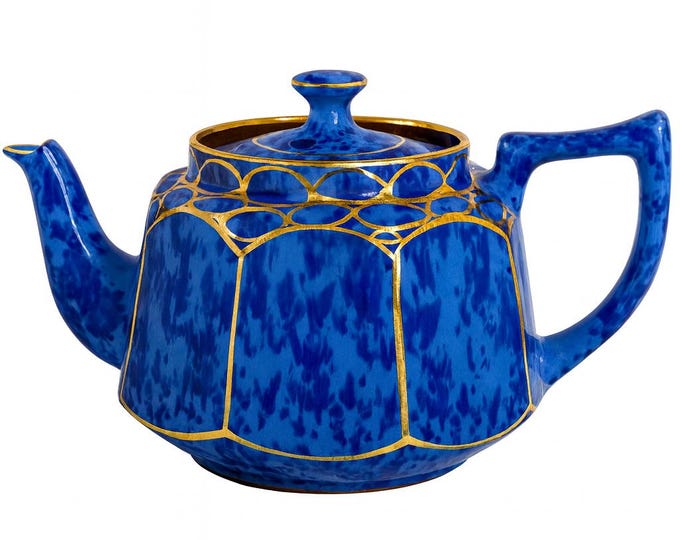 Brown Betty Teapot | Price Bros. England | Hand painted Vivid Blues Gold | Art Decor Collectible Pottery Redware Cottage Ware | Kitchen ware