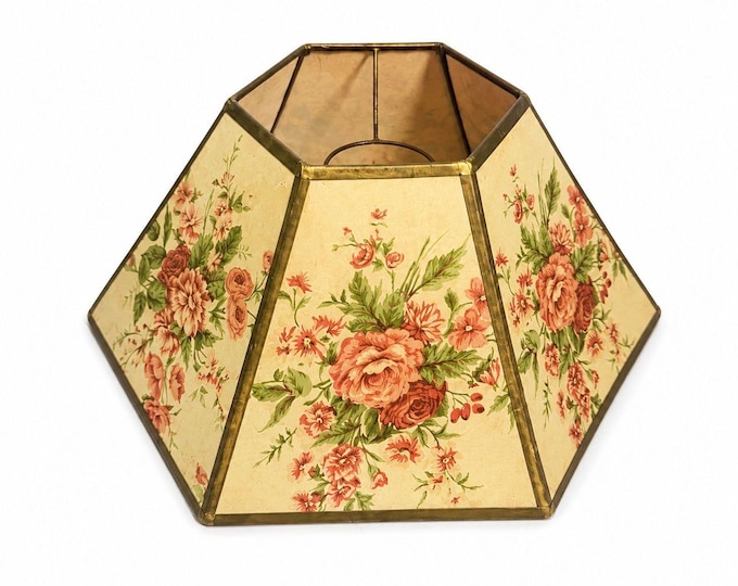 Hurricane Lamp Shade Sexagon Mid Century Lampshades Fabric Floral Chimney Fitter 6 sided Oil Lamp Vintage Flowers Gold Trim Handmade