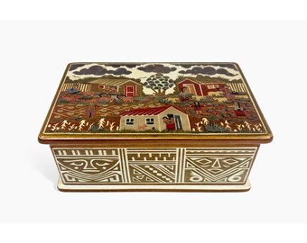 Wooden Box Hinged Gilberto Granja Farm Scene Hand Carved Artisan Chest Vintage hand Painted Wood Farming Native Home Decor Decorative Accent