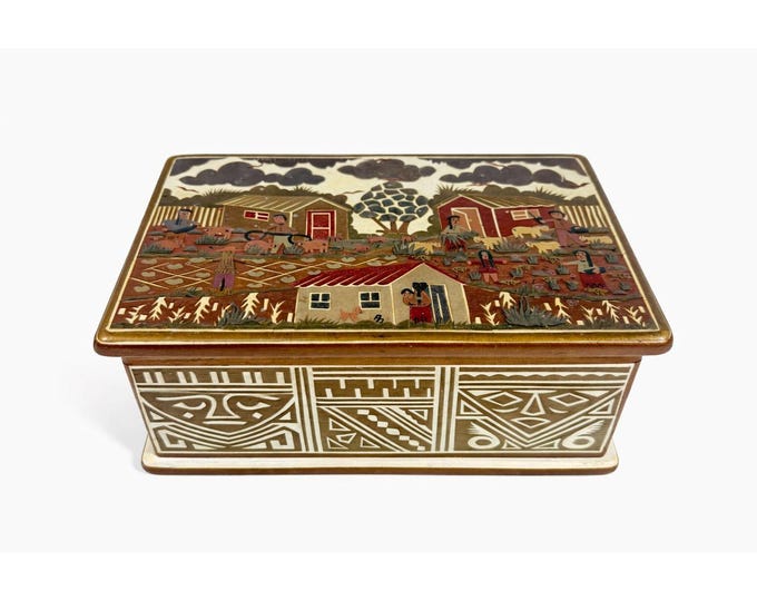 Wooden Box Hinged Gilberto Granja Farm Scene Hand Carved Artisan Chest Vintage hand Painted Wood Farming Native Home Decor Decorative Accent