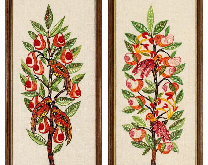 Pair Crewel Needlework Panels Framed Birds Trees Vintage Wall Decor Hangings