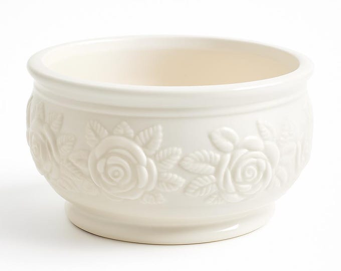 Cache pot Pottery Jardiniere Planter Centerpiece Bowl | Ironstone White Portugal Floral Flower Motif Nancy Myers Grand Millennial Home Decor