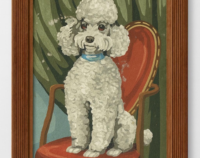 Paint By Number Wall Decor Art Framed | White Poodle on Chair | Vintage Mid Century Retro Gallery Art Kitschy Home Decor Decorative Accents