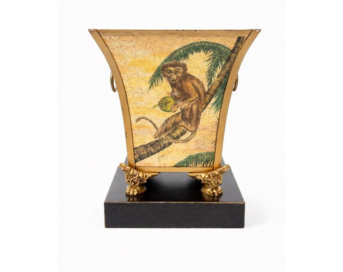 Cache Pot Flower Planter Vase Urn Jardiniere Toleware Monkey  Chinoiserie Handled Footed Hand Painted Vintage Home Decor Decorative Accent