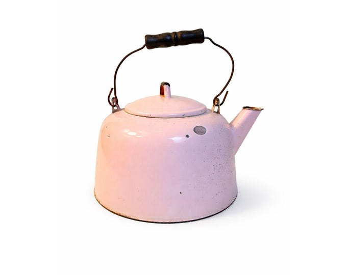 Tea Kettle Pot Pink Enamel Wooden Handle Vintage Kitcheware Flower Pot Enamelware Farmhouse Primitive Cottage Core Rare Collectible