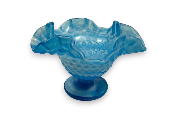 Hobnail Compote Bowl Ruffled Footed Glass | Fenton Light Blue Teal Slag Collector Glassware Crimped Bud Vase Collectible | Decorative Accent