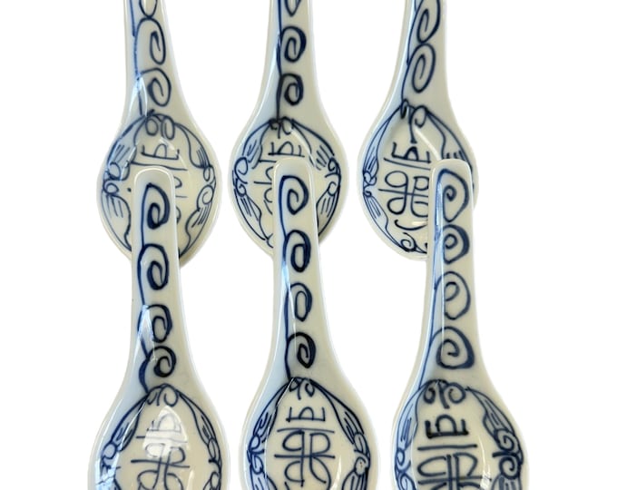 Vintage Chinoiserie Asian Oriental | Boston Warehouse Canton Express Double Happiness | Soup Spoons | Blue and White | Set 6 | Dinnerware