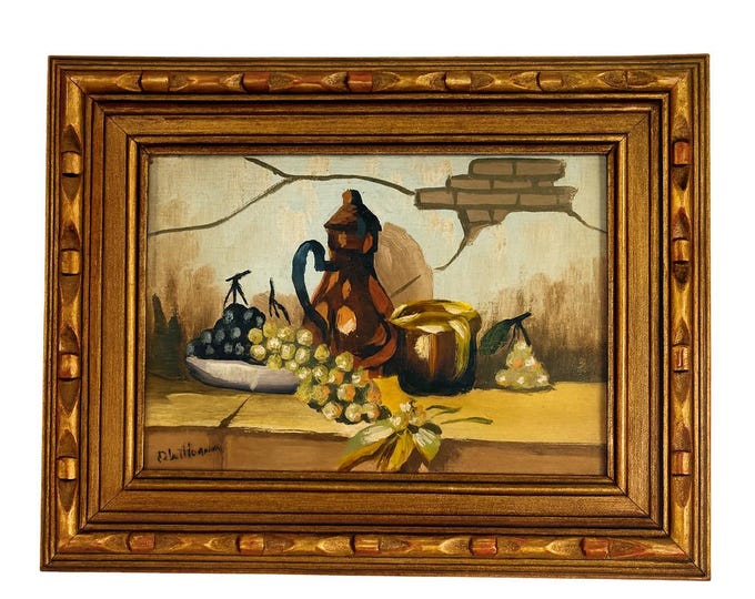 Still Life Oil Painting Framed Art Print | Mini Shelf Sitter Kitchen Decor Gallery Wall Decor Fruit Artist Signed | Vintage Home Gold Frame