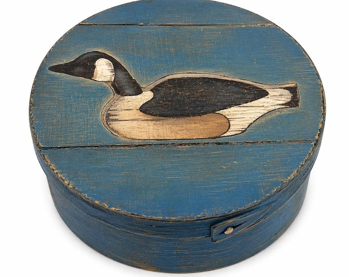 Round Cheese Storage Box Hand Painted Canadian Goose Vintage Folk Art Country Farmhouse Primitive Granny Grandpa Core Hunting Cabin Lodge
