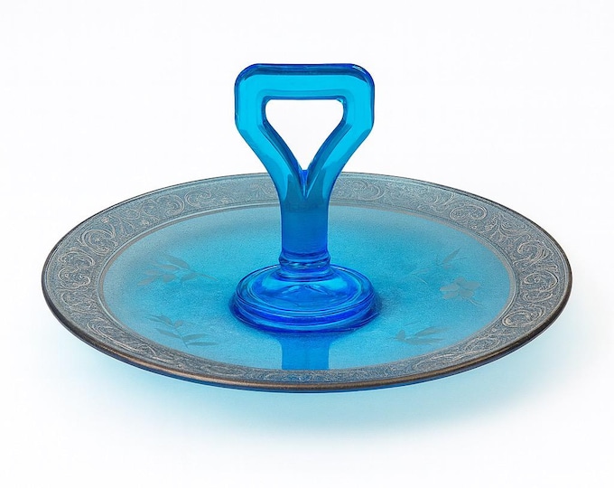 Handled Plate Serving Platter Tray | Art Deco Turquoise Blue Glass Silver Gilt Embossed Etched Trim | Collectible Glassware Bluenique