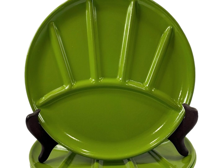 Vintage Sushi Fondue Plates | Set 4 | Steel Enamel Coated Green Divided 9" | Fred Roberts Japan |  Mid Century Mid Mod Retro | Kitchenware