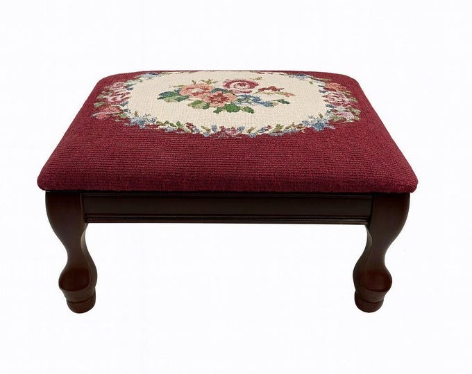 Mahogany Footstool Floral Needlepoint Cushion Foot Rest Vintage Flowers Burgandy Handmade Home Decor Furniture Decorative Accents Victorian