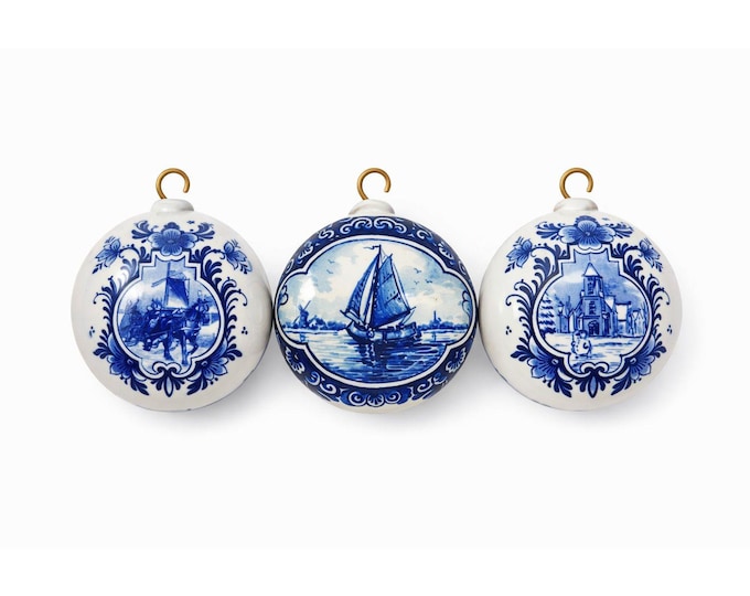 Christmas Ornaments Set 3 Vintage Delft Blue FG Handwork Handpainted Dutch Scenes Round Ball Holland Church Boat Horses Made in Holland