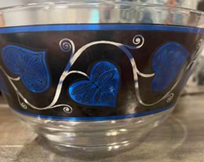 MCM Vintage Silver & Blue Ivy Heart Signed Culver Large Bowl Salad/Serving Bowl | Signed | Mid Century |