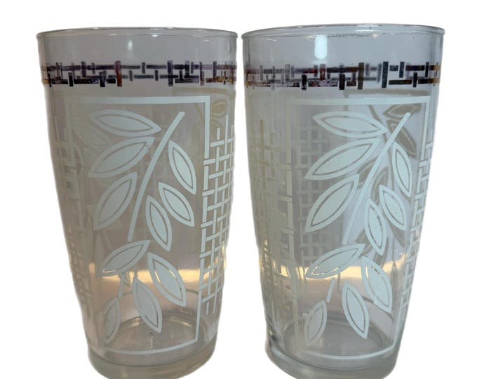 Pair Anchor Hocking Drinking Glasses | Mid century Vintage Retro  | Lattice and Leaves | White Gold | Large | Vintage Drinkware Bar ware