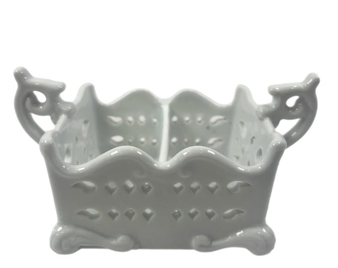 Vintage White Porcelain Divided Sugar Packet Holder W/Cutouts And Dragon Handles | Ornate | Restaurant Serving Hostess