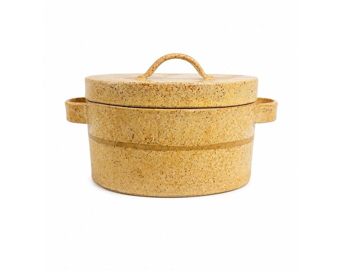 Pottery Lidded Casserole Dish Vintage Stoneware Artist SIgned Themicoult Handled Mid Century Beige Hand Thrown Dinnerware Serveware