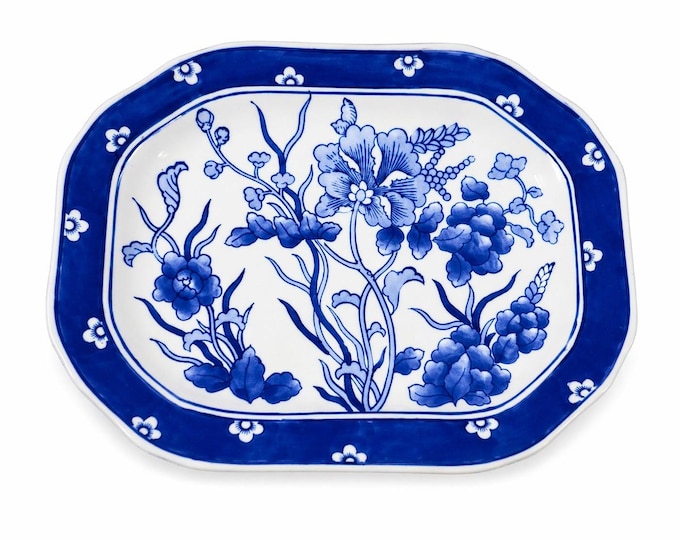 Large Serving Meat Platter Tray Floral Blue and White Chinoiserie Oriental Hand Painted Flowers Gallery Wall Home Decor Decorative Accents