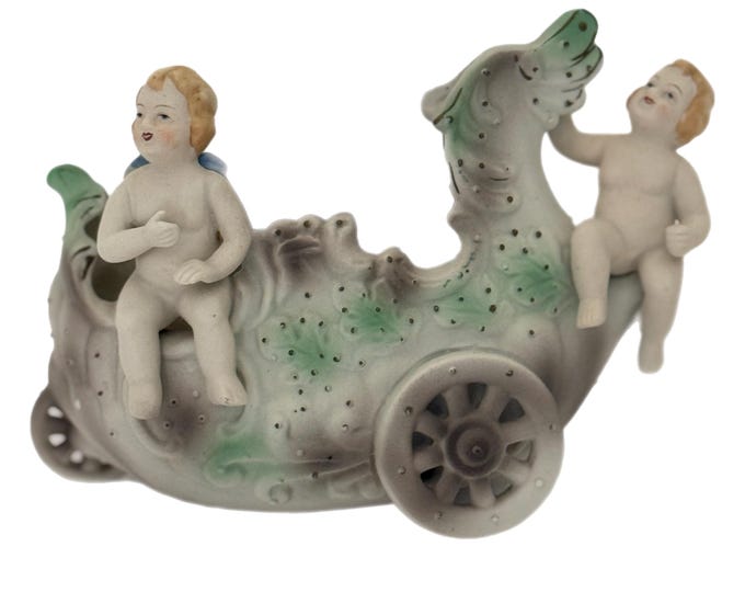 Antique Victorian Gilded Regency | Cherubs Angels in Cart  | Green and Pink Planter | Bisque Ceramic Porcelain Made In Japan | Cottage core