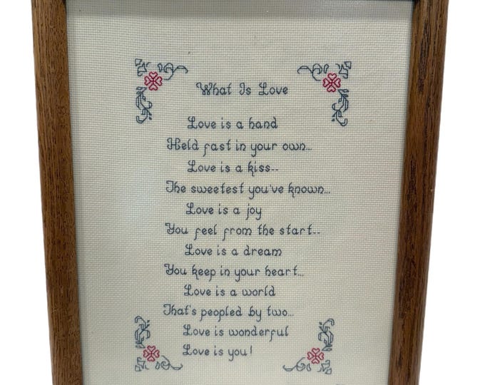 Vintage | Framed Cross Stitch Needlework |  What is Love | Wall Decor Art | Cottage Core Gallery wall | Handmade | Wedding Present Gift