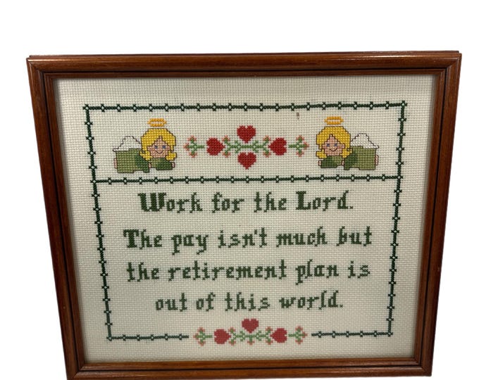 Biblical | Religious | Work for the Lord | Retirement | Cross Stitch | Framed | Non Glare Glass | Angel | Hearts | Green Red