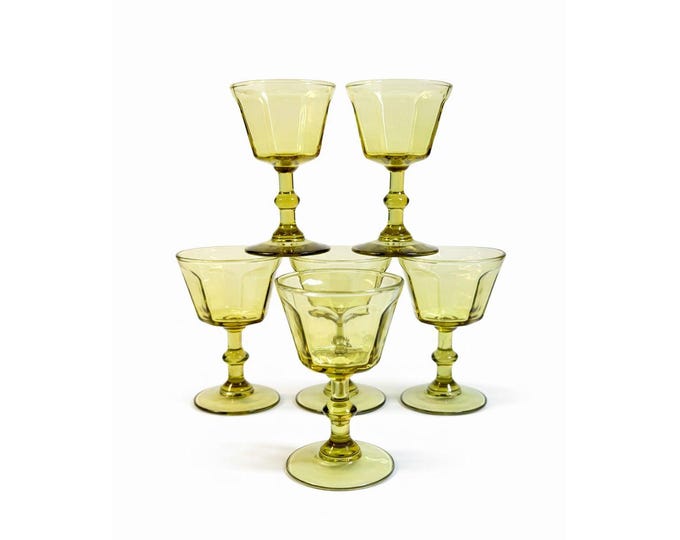 Coupe Wine Cocktail Glasses Anchor Hocking "Courtney" Yellow Amber Set 6 Hand Brlown  Paneled Stemware Glassware Honeycomb Textured Glass