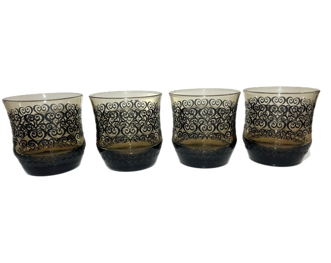 Vintage Libbey  Prado Glasses/Set of 4 Glasses Heart Scroll Pattern | Tawny Brown | Smoky Old Fashion Rocks Drinking Glasses Stackable